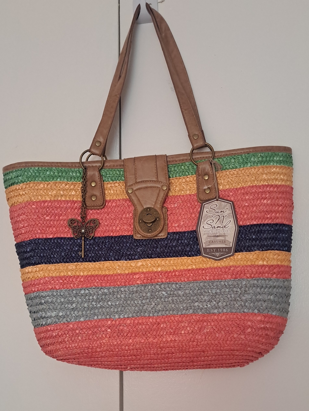 Sun N Sand Multicolor Straw Tote - Coral, Navy & Green